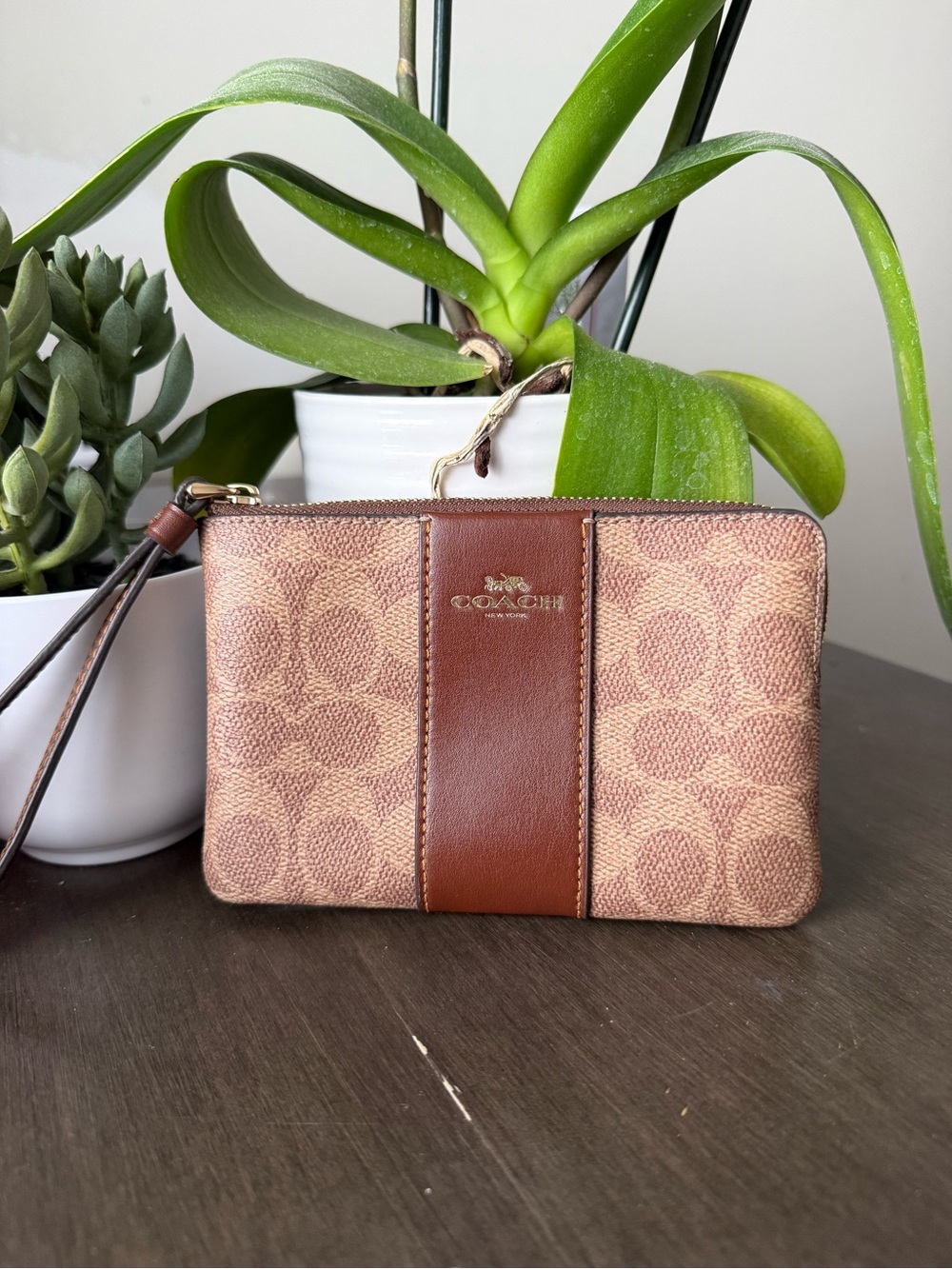 Coach Brown Signature Canvas Wristlet with Leather Stripe